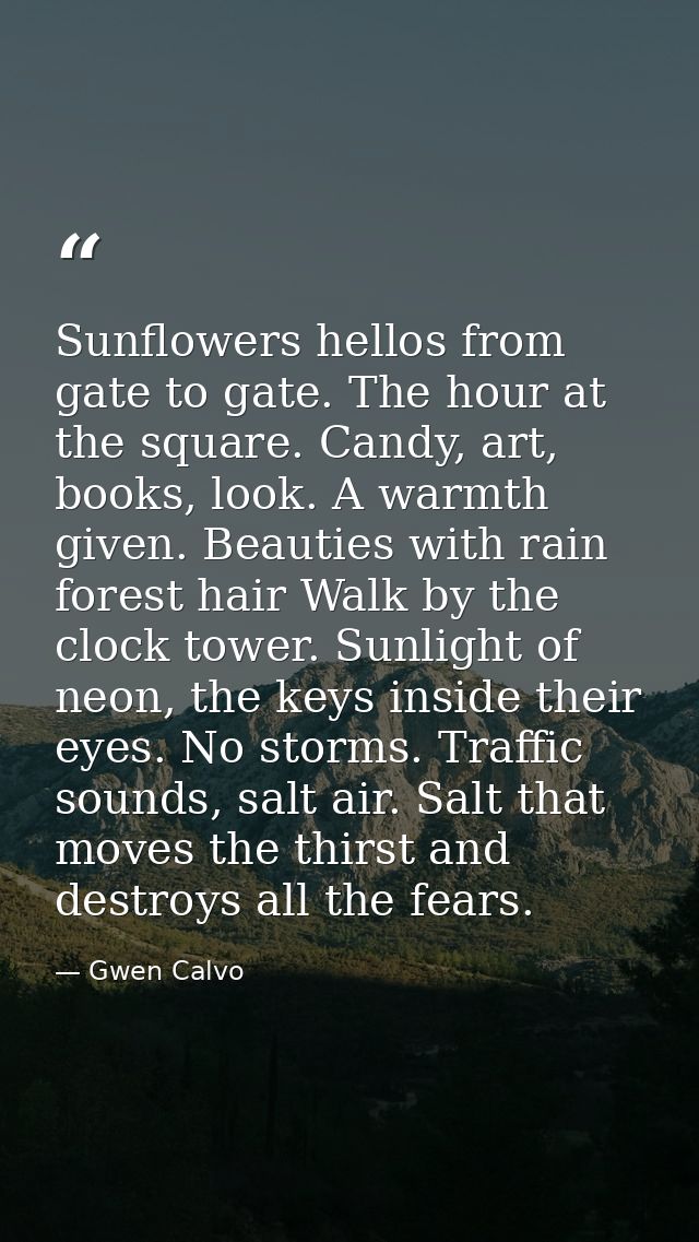 Sunflowers hellos from gate to gate. The hour at the square. Candy, art, books, look. A warmth given. Beauties with rain — Gwen Calvo