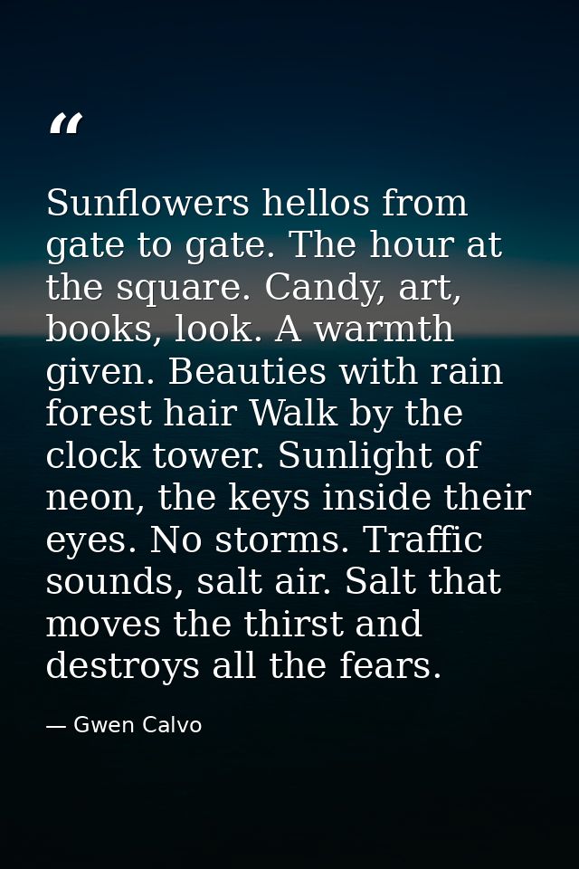 Sunflowers hellos from gate to gate. The hour at the square. Candy, art, books, look. A warmth given. Beauties with rain — Gwen Calvo