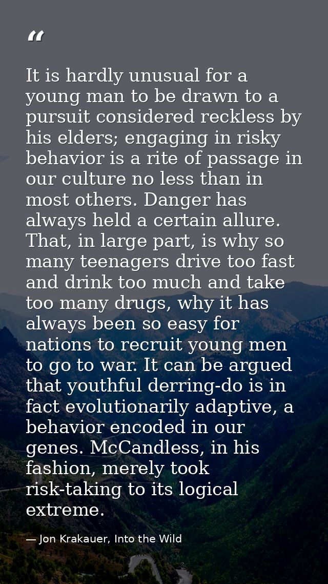 It is hardly unusual for a young man to be drawn to a pursuit considered reckless by his elders; engaging in risky behav — Jon Krakauer, Into the Wild
