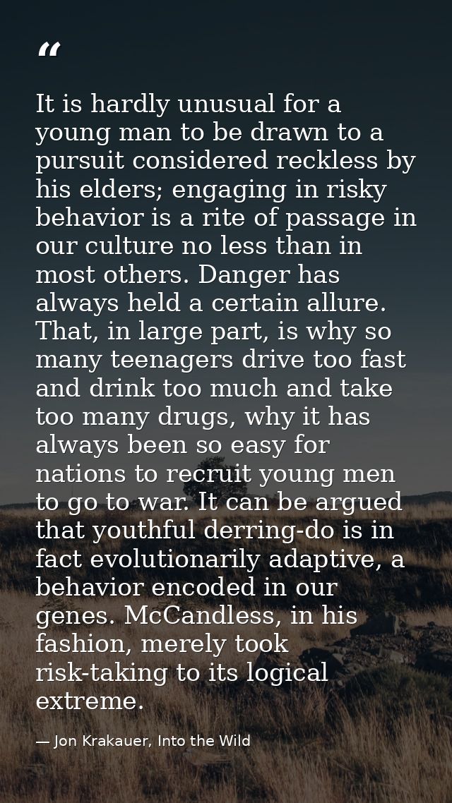 It is hardly unusual for a young man to be drawn to a pursuit considered reckless by his elders; engaging in risky behav — Jon Krakauer, Into the Wild