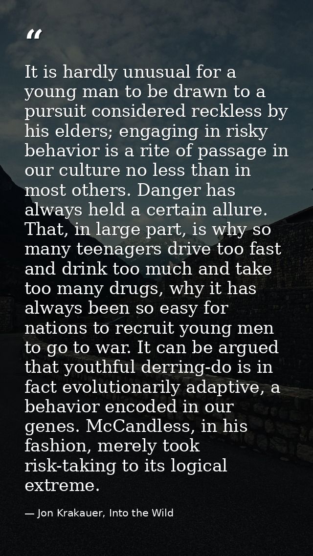 It is hardly unusual for a young man to be drawn to a pursuit considered reckless by his elders; engaging in risky behav — Jon Krakauer, Into the Wild