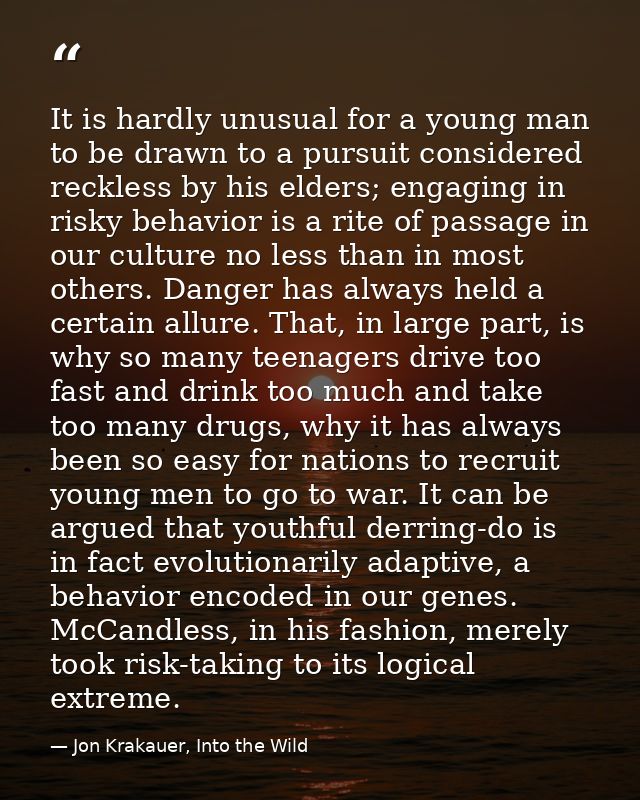 It is hardly unusual for a young man to be drawn to a pursuit considered reckless by his elders; engaging in risky behav — Jon Krakauer, Into the Wild