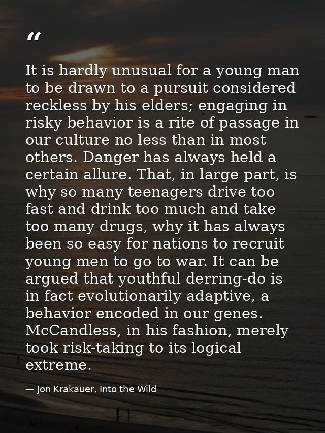 It is hardly unusual for a young man to be drawn to a pursuit considered reckless by his elders; engaging in risky behav — Jon Krakauer, Into the Wild