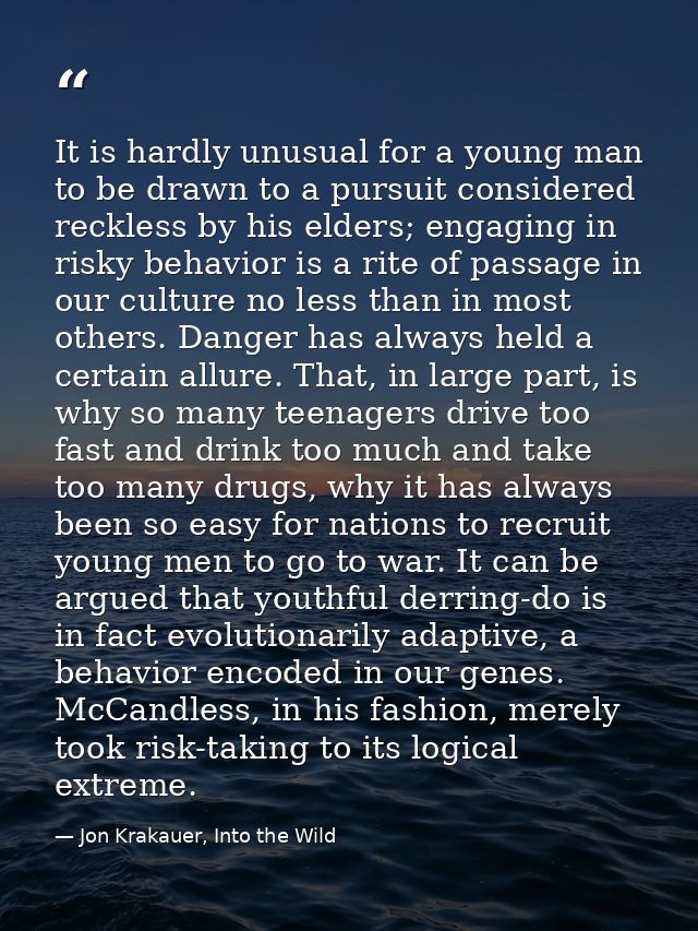 It is hardly unusual for a young man to be drawn to a pursuit considered reckless by his elders; engaging in risky behav — Jon Krakauer, Into the Wild
