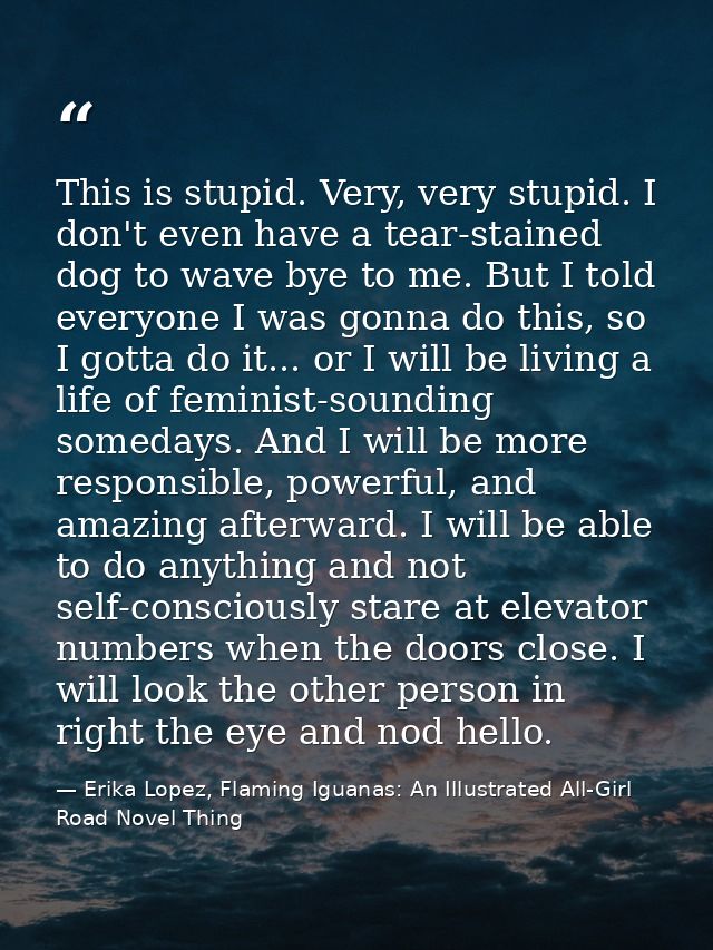 This is stupid. Very, very stupid. I don't even have a tear-stained dog to wave bye to me. But I told everyone I was gon — Erika Lopez, Flaming Iguanas: An Illustrated All-Girl Road Novel Thing