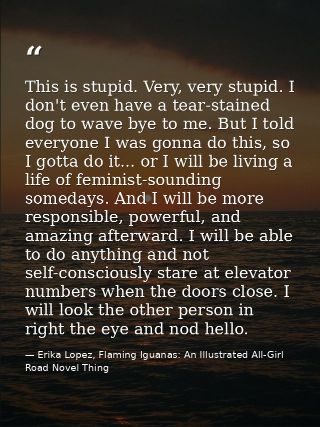 This is stupid. Very, very stupid. I don't even have a tear-stained dog to wave bye to me. But I told everyone I was gon — Erika Lopez, Flaming Iguanas: An Illustrated All-Girl Road Novel Thing
