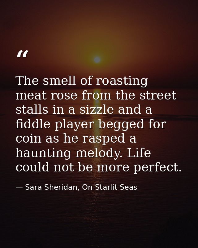 The smell of roasting meat rose from the street stalls in a sizzle and a fiddle player begged for coin as he rasped a ha — Sara Sheridan, On Starlit Seas