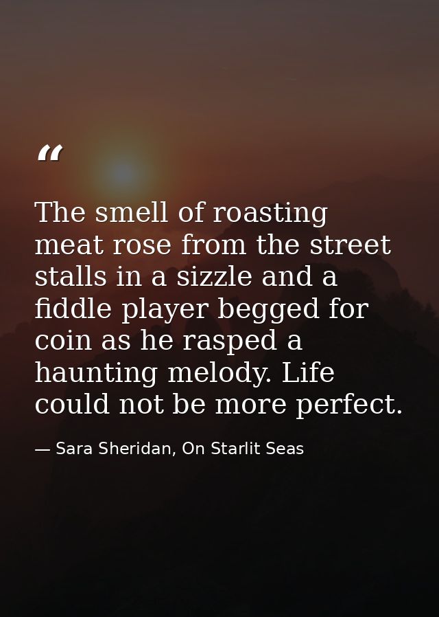 The smell of roasting meat rose from the street stalls in a sizzle and a fiddle player begged for coin as he rasped a ha — Sara Sheridan, On Starlit Seas