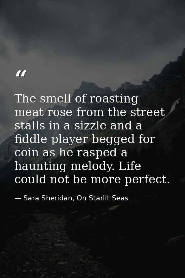 The smell of roasting meat rose from the street stalls in a sizzle and a fiddle player begged for coin as he rasped a ha — Sara Sheridan, On Starlit Seas