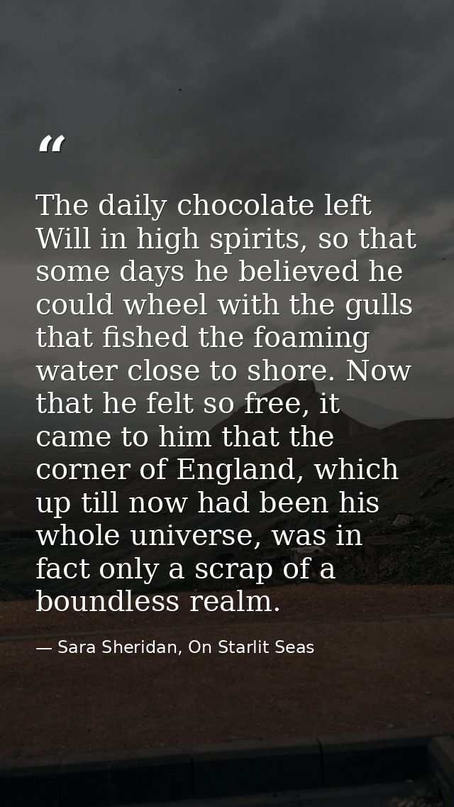 The daily chocolate left Will in high spirits, so that some days he believed he could wheel with the gulls that fished t — Sara Sheridan, On Starlit Seas