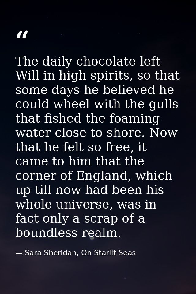 The daily chocolate left Will in high spirits, so that some days he believed he could wheel with the gulls that fished t — Sara Sheridan, On Starlit Seas