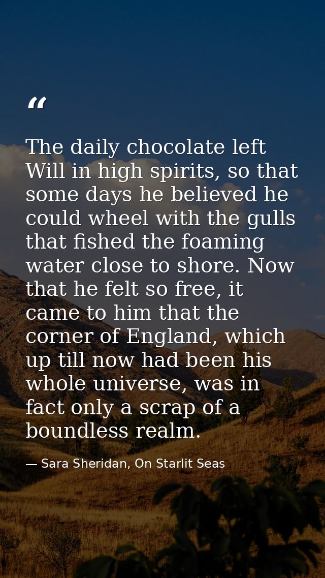 The daily chocolate left Will in high spirits, so that some days he believed he could wheel with the gulls that fished t — Sara Sheridan, On Starlit Seas