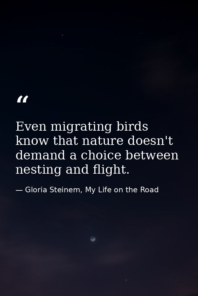 Even migrating birds know that nature doesn't demand a choice between nesting and flight. — Gloria Steinem, My Life on the Road