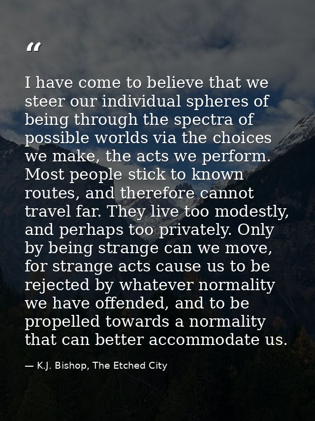I have come to believe that we steer our individual spheres of being through the spectra of possible worlds via the choi — K.J. Bishop, The Etched City