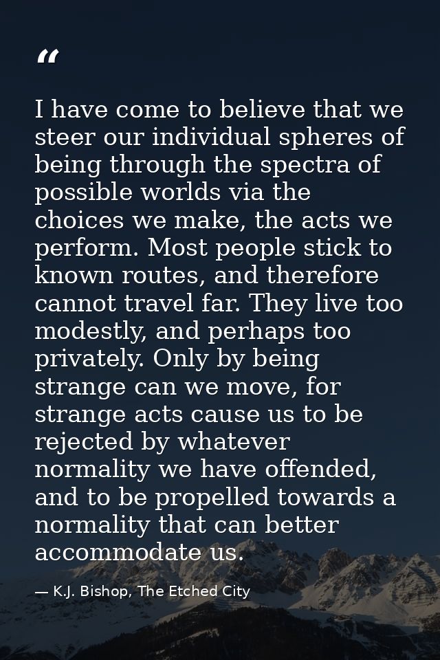 I have come to believe that we steer our individual spheres of being through the spectra of possible worlds via the choi — K.J. Bishop, The Etched City