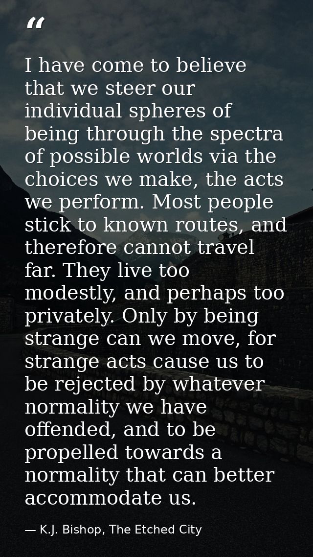 I have come to believe that we steer our individual spheres of being through the spectra of possible worlds via the choi — K.J. Bishop, The Etched City