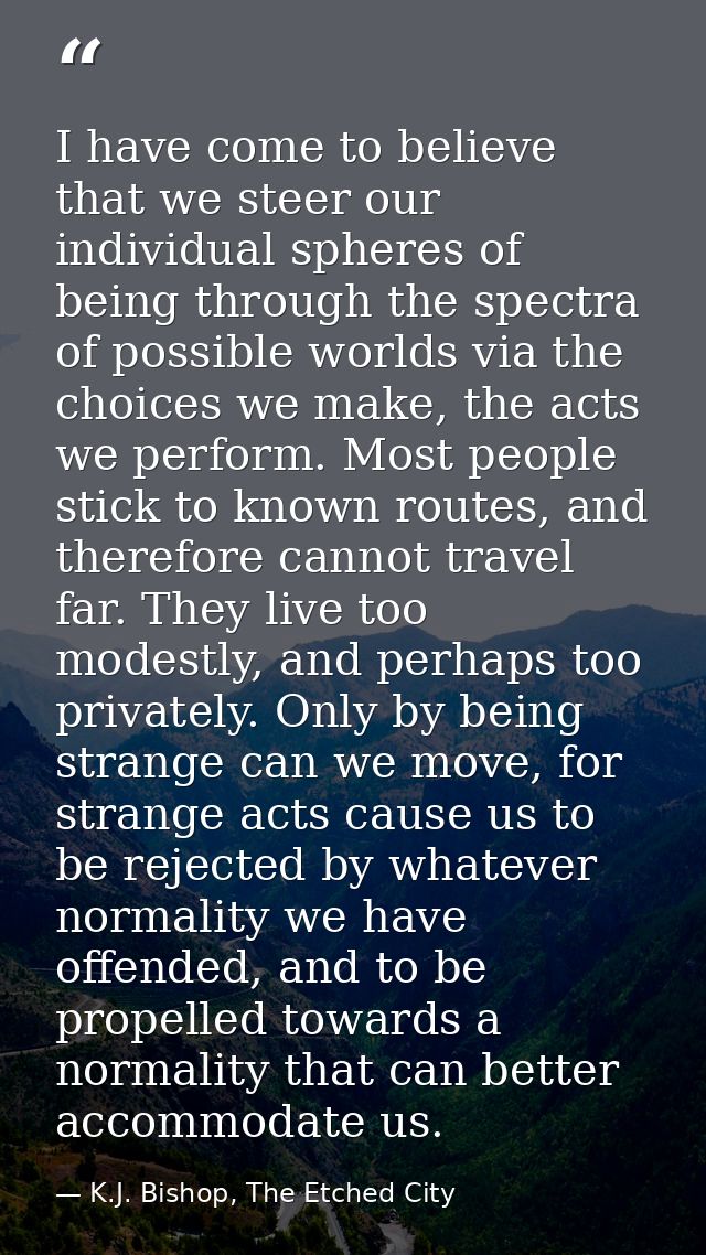 I have come to believe that we steer our individual spheres of being through the spectra of possible worlds via the choi — K.J. Bishop, The Etched City
