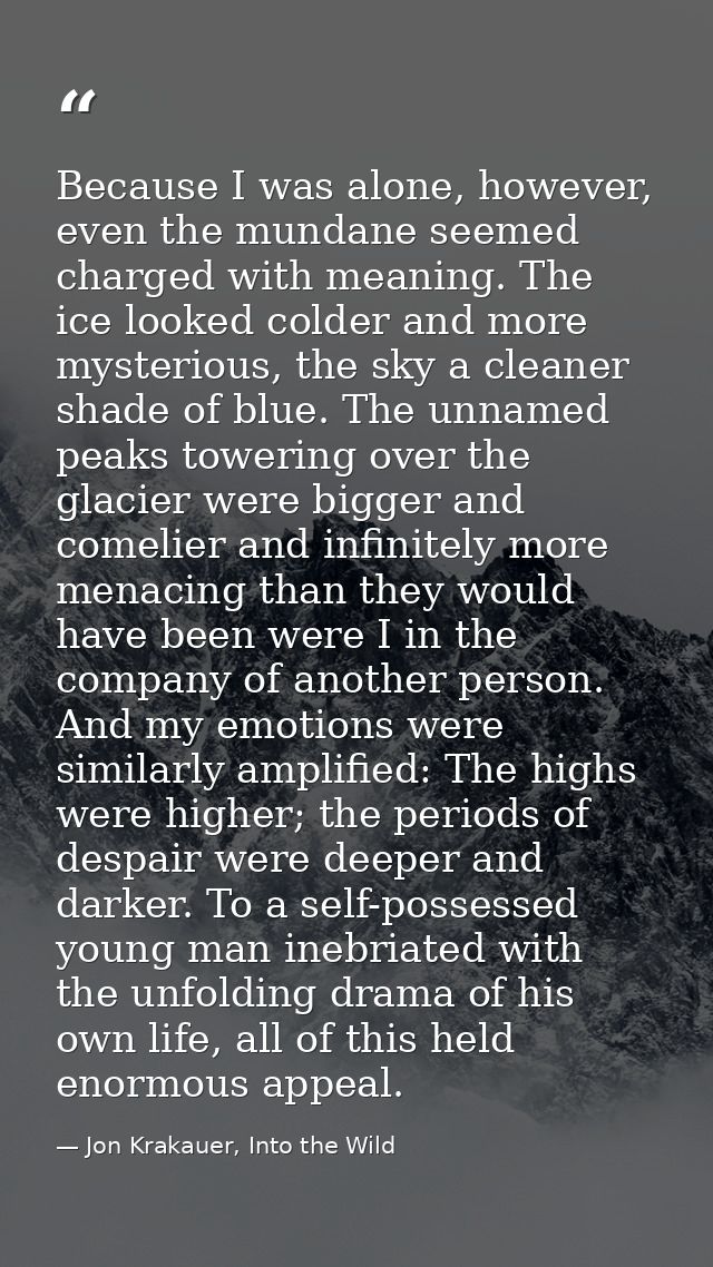 Because I was alone, however, even the mundane seemed charged with meaning. The ice looked colder and more mysterious, t — Jon Krakauer, Into the Wild