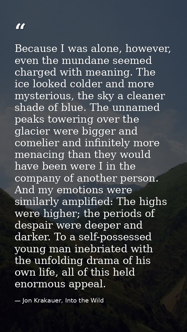Because I was alone, however, even the mundane seemed charged with meaning. The ice looked colder and more mysterious, t — Jon Krakauer, Into the Wild