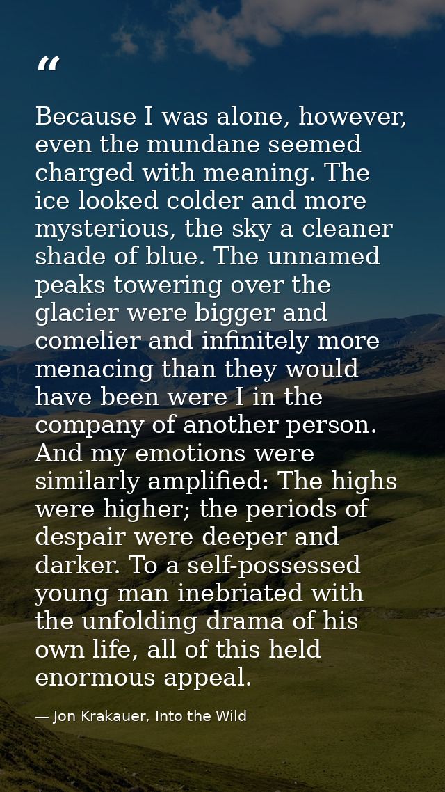 Because I was alone, however, even the mundane seemed charged with meaning. The ice looked colder and more mysterious, t — Jon Krakauer, Into the Wild