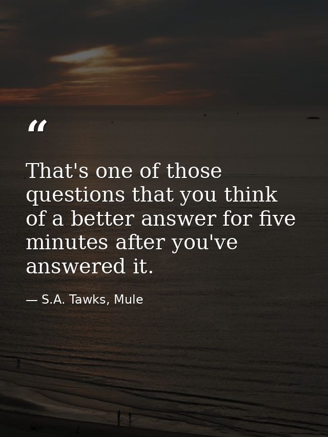 That's one of those questions that you think of a better answer for five minutes after you've answered it. — S.A. Tawks, Mule