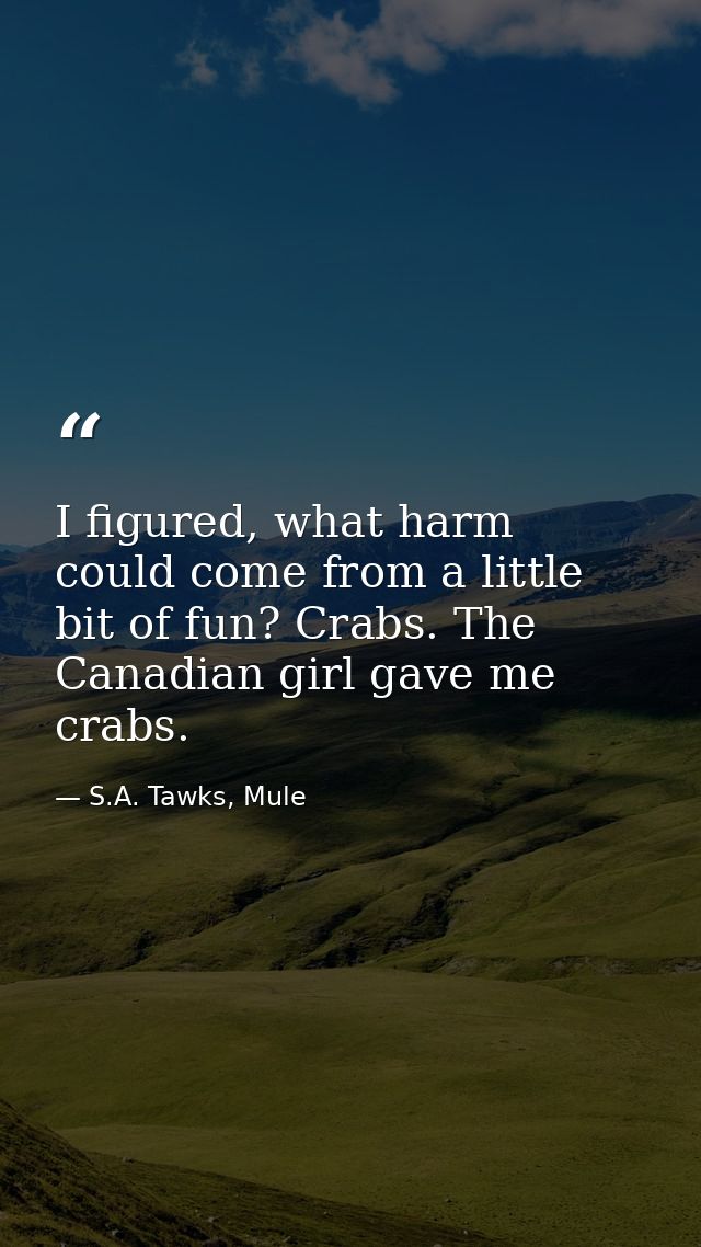 I figured, what harm could come from a little bit of fun? Crabs. The Canadian girl gave me crabs. — S.A. Tawks, Mule