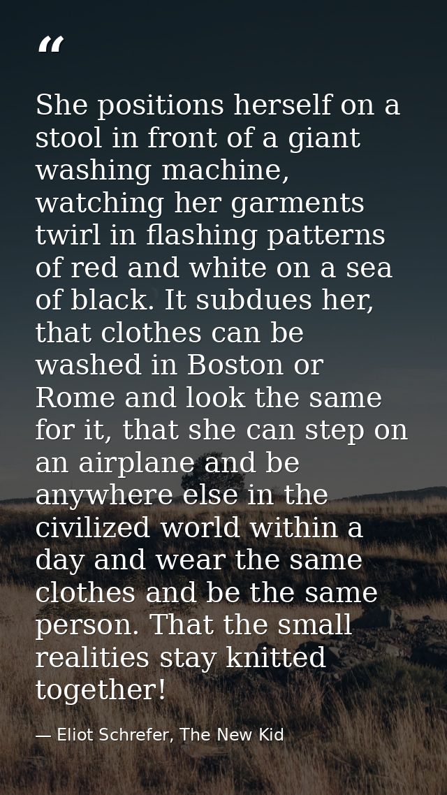 She positions herself on a stool in front of a giant washing machine, watching her garments twirl in flashing patterns o — Eliot Schrefer, The New Kid