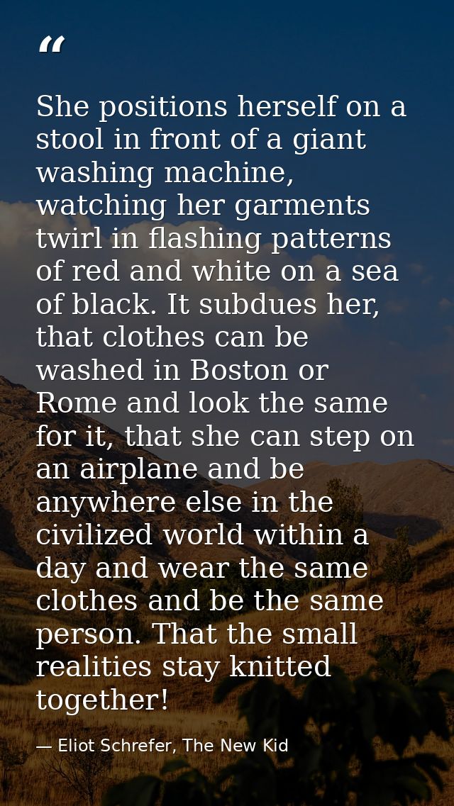 She positions herself on a stool in front of a giant washing machine, watching her garments twirl in flashing patterns o — Eliot Schrefer, The New Kid