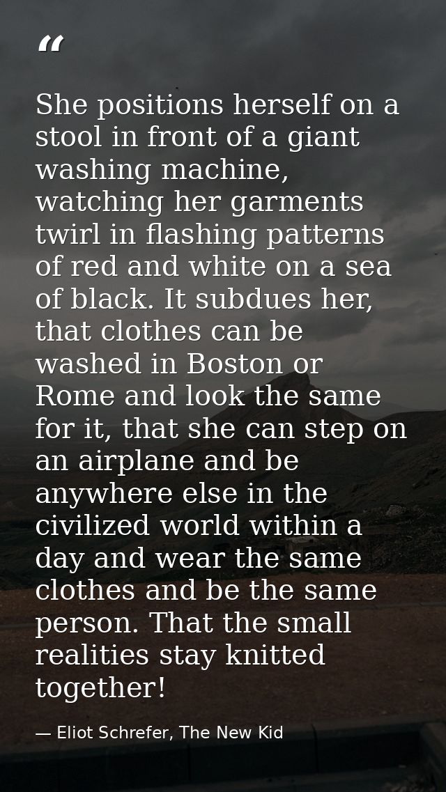 She positions herself on a stool in front of a giant washing machine, watching her garments twirl in flashing patterns o — Eliot Schrefer, The New Kid