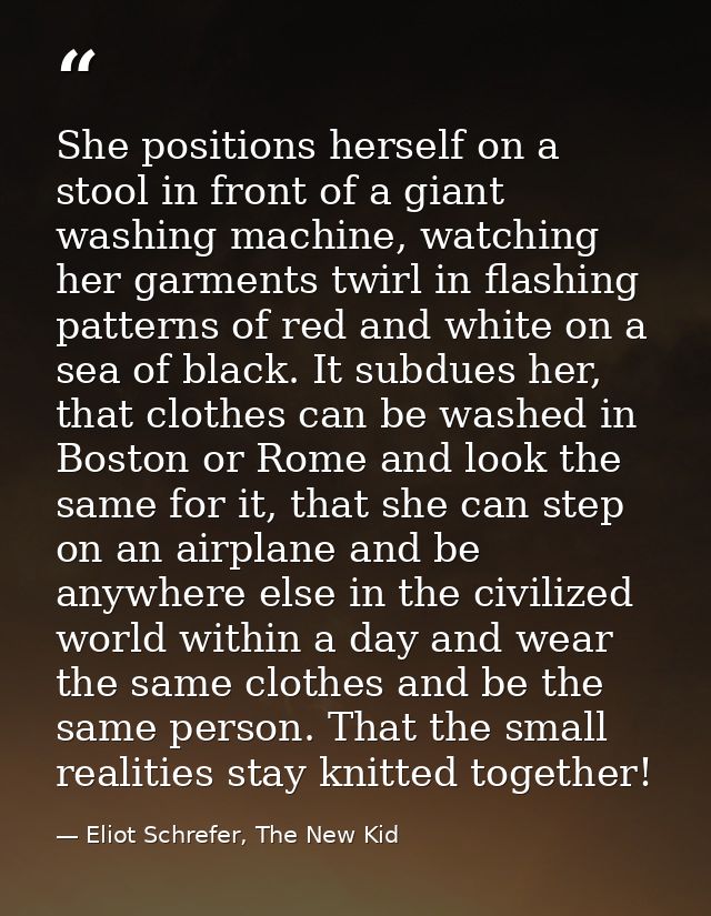 She positions herself on a stool in front of a giant washing machine, watching her garments twirl in flashing patterns o — Eliot Schrefer, The New Kid
