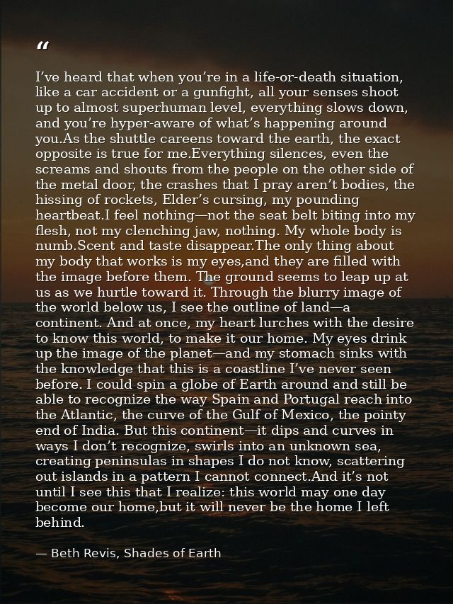 I’ve heard that when you’re in a life-or-death situation, like a car accident or a gunfight, all your senses shoot up to — Beth Revis, Shades of Earth