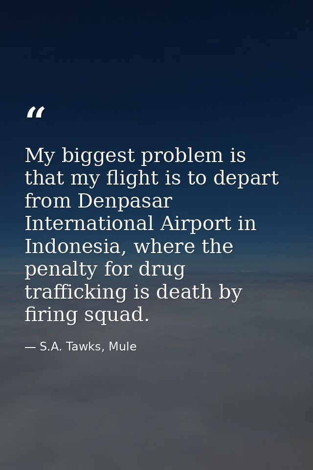 My biggest problem is that my flight is to depart from Denpasar International Airport in Indonesia, where the penalty fo — S.A. Tawks, Mule