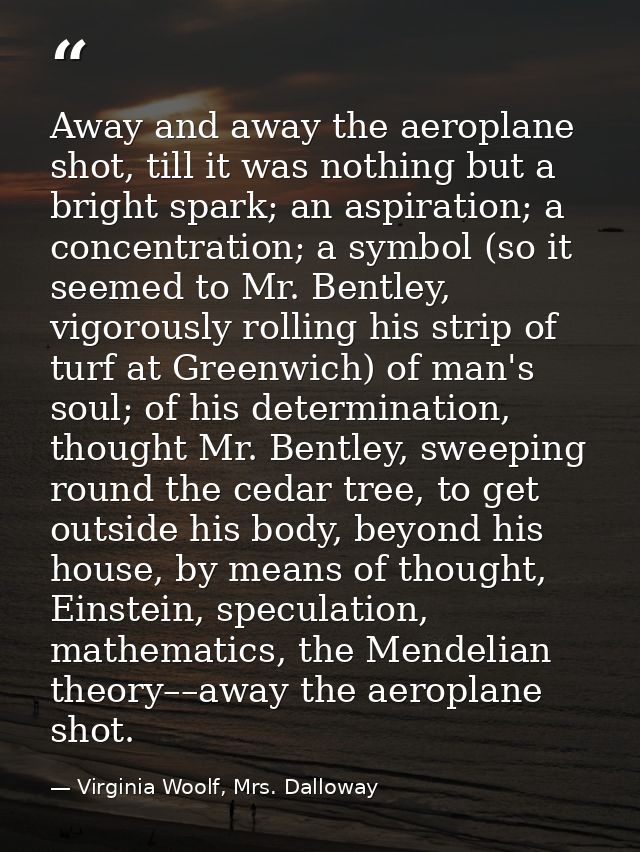 Away and away the aeroplane shot, till it was nothing but a bright spark; an aspiration; a concentration; a symbol (so i — Virginia Woolf, Mrs. Dalloway