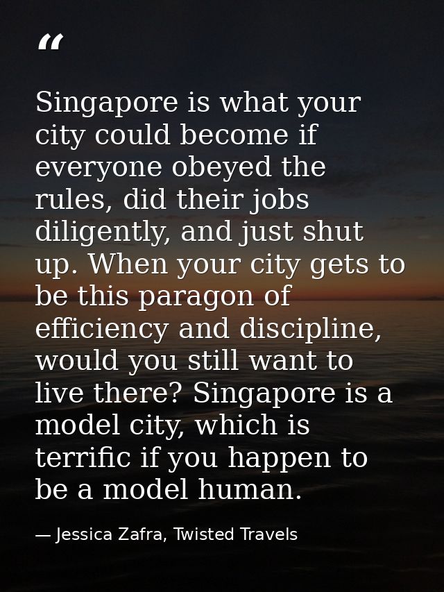 Singapore is what your city could become if everyone obeyed the rules, did their jobs diligently, and just shut up. When — Jessica Zafra, Twisted Travels