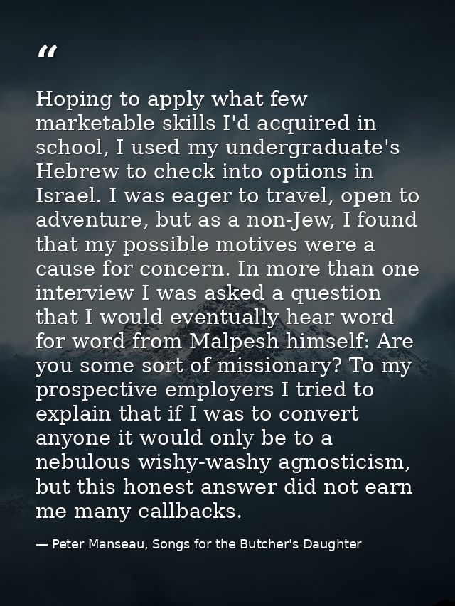 Hoping to apply what few marketable skills I'd acquired in school, I used my undergraduate's Hebrew to check into option — Peter Manseau, Songs for the Butcher's Daughter