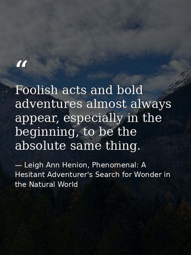Foolish acts and bold adventures almost always appear, especially in the beginning, to be the absolute same thing. — Leigh Ann Henion, Phenomenal: A Hesitant Adventurer's Search for Wonder in the Natural World
