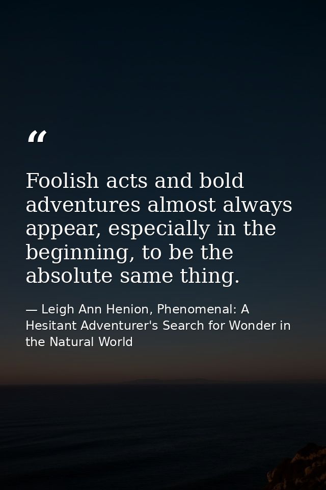 Foolish acts and bold adventures almost always appear, especially in the beginning, to be the absolute same thing. — Leigh Ann Henion, Phenomenal: A Hesitant Adventurer's Search for Wonder in the Natural World