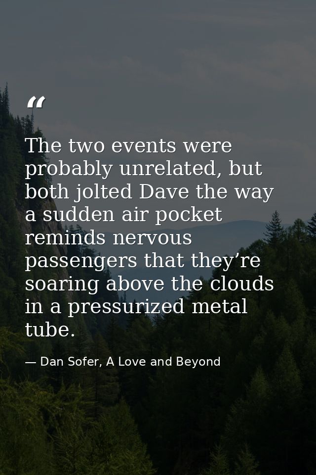 The two events were probably unrelated, but both jolted Dave the way a sudden air pocket reminds nervous passengers that — Dan Sofer, A Love and Beyond