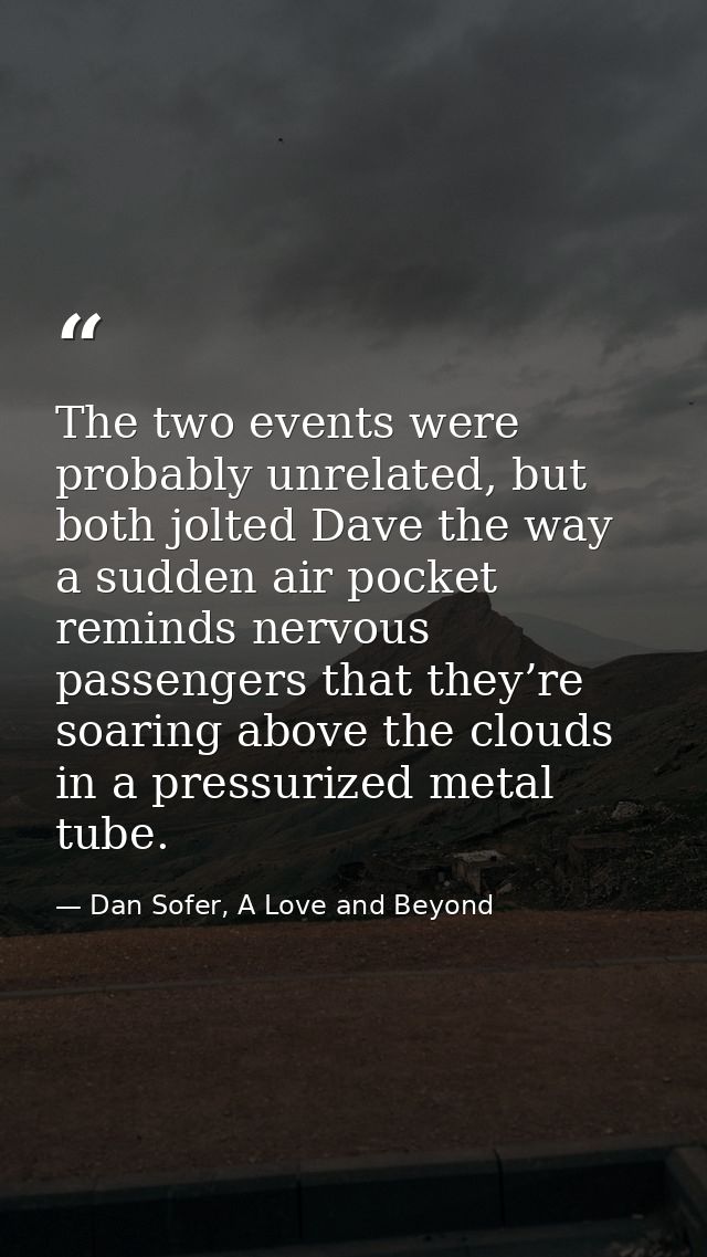 The two events were probably unrelated, but both jolted Dave the way a sudden air pocket reminds nervous passengers that — Dan Sofer, A Love and Beyond