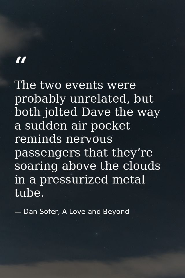 The two events were probably unrelated, but both jolted Dave the way a sudden air pocket reminds nervous passengers that — Dan Sofer, A Love and Beyond