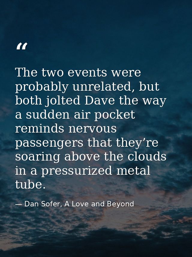 The two events were probably unrelated, but both jolted Dave the way a sudden air pocket reminds nervous passengers that — Dan Sofer, A Love and Beyond