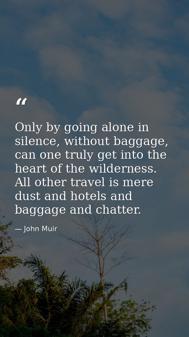 Only by going alone in silence, without baggage, can one truly get into the heart of the wilderness. All other travel is — John Muir