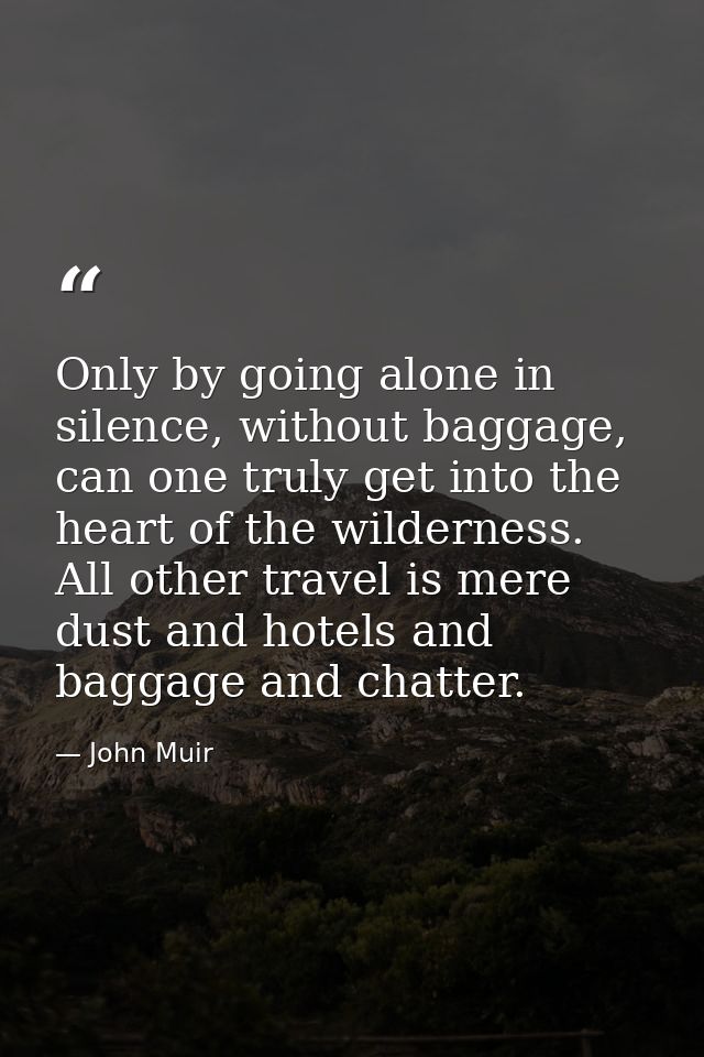 Only by going alone in silence, without baggage, can one truly get into the heart of the wilderness. All other travel is — John Muir