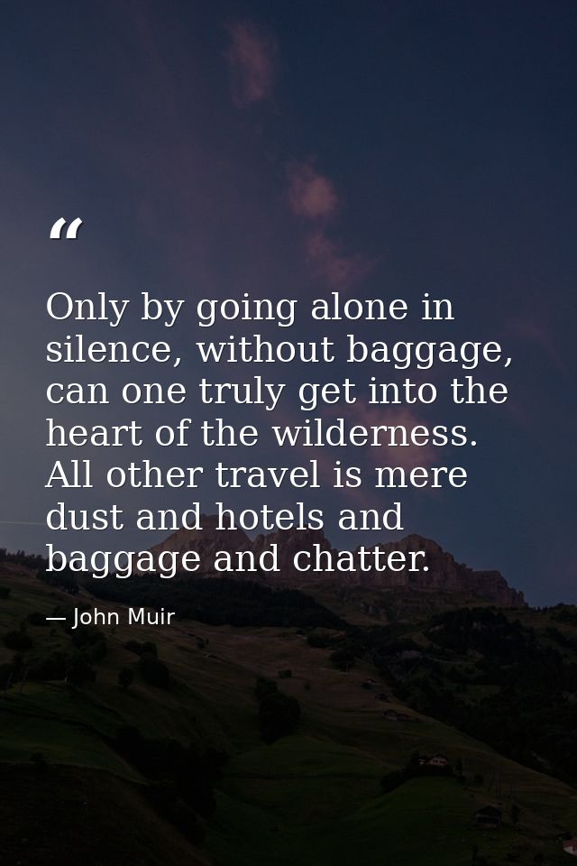 Only by going alone in silence, without baggage, can one truly get into the heart of the wilderness. All other travel is — John Muir