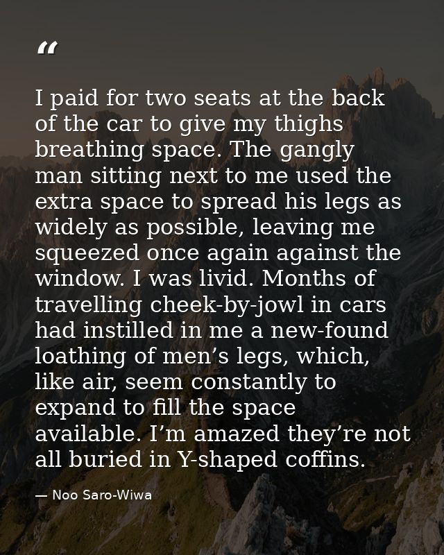 I paid for two seats at the back of the car to give my thighs breathing space. The gangly man sitting next to me used th — Noo Saro-Wiwa