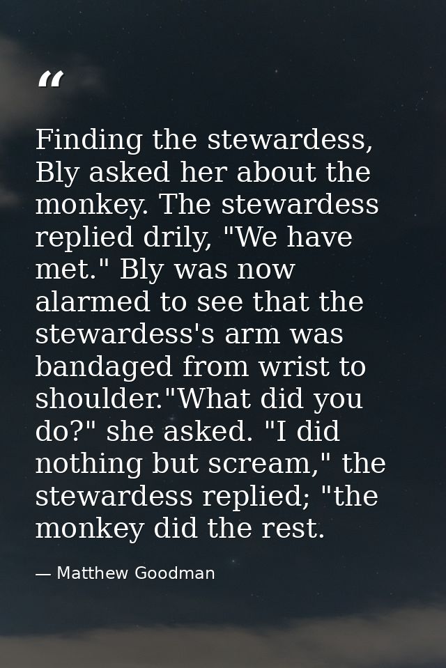 Finding the stewardess, Bly asked her about the monkey. The stewardess replied drily, "We have met." Bly was now alarmed — Matthew Goodman