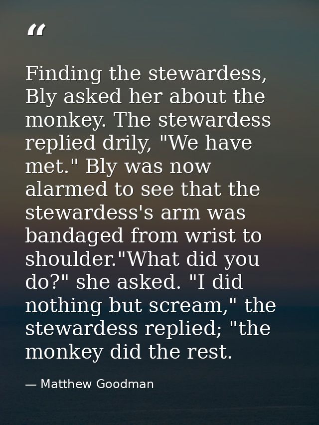 Finding the stewardess, Bly asked her about the monkey. The stewardess replied drily, "We have met." Bly was now alarmed — Matthew Goodman