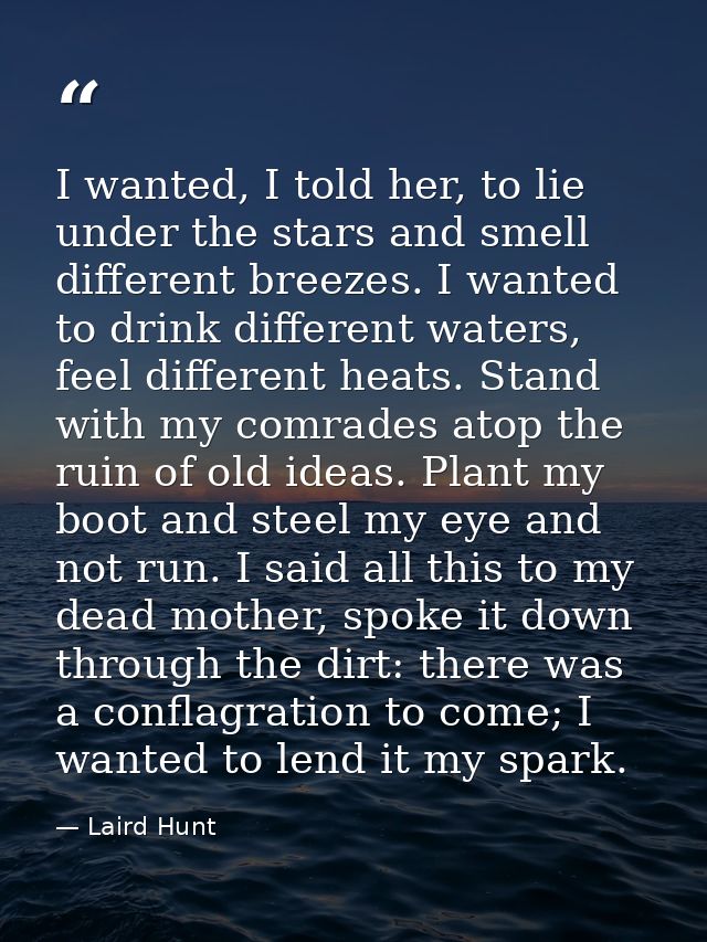 I wanted, I told her, to lie under the stars and smell different breezes. I wanted to drink different waters, feel diffe — Laird Hunt