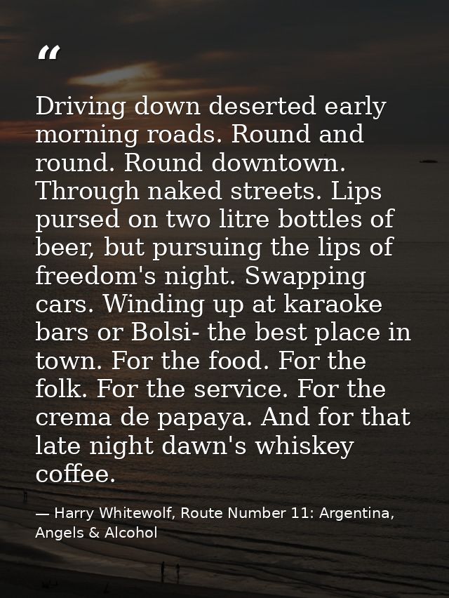 Driving down deserted early morning roads. Round and round. Round downtown. Through naked streets. Lips pursed on two li — Harry Whitewolf, Route Number 11: Argentina, Angels & Alcohol