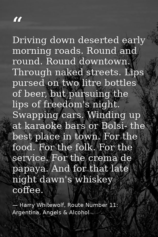 Driving down deserted early morning roads. Round and round. Round downtown. Through naked streets. Lips pursed on two li — Harry Whitewolf, Route Number 11: Argentina, Angels & Alcohol